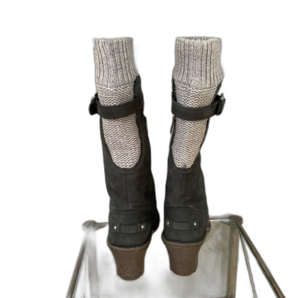 Ugg Skyfall Boots Women's Size 6 black gray leather wool  /sock Buckle wedge - Picture 4 of 13